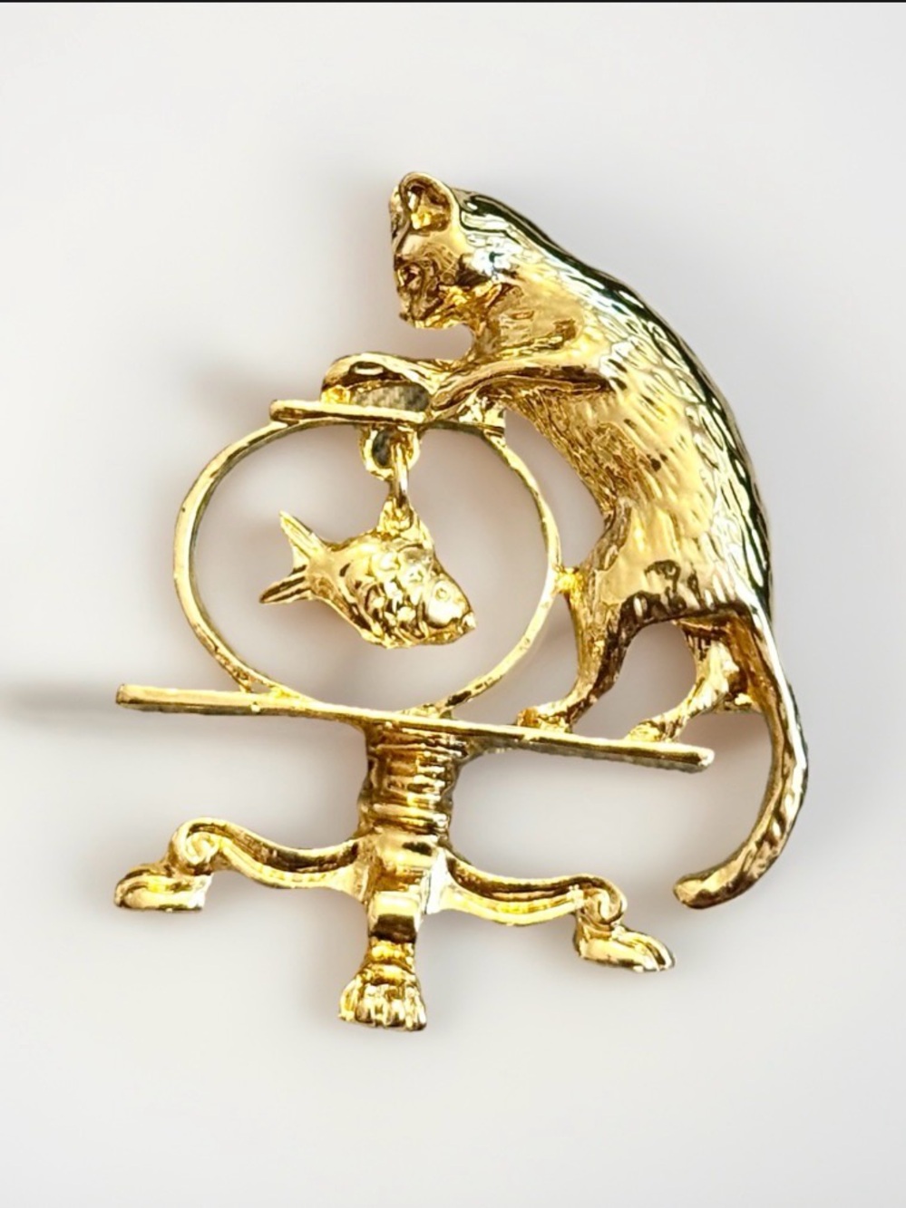 Vintage Style Gold Tone Cat with Fish in Fish Bowl on Table Brooch 2” H x 1.5” W